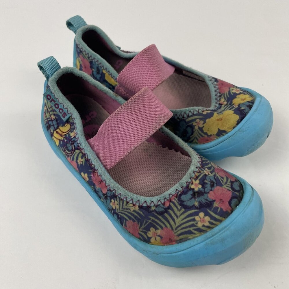 Crocs SlipOn Duet Busy Day Mary Jane Shoes Girls C9 Blue Floral Canvas Rubber